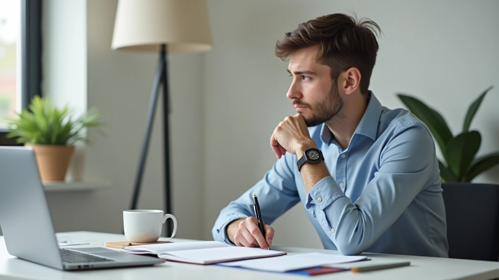 Persoon aan bureau met notitieblok en pen, computer opzij, reflecterend moment in kantoor omgeving, ochtendlicht, gefocuste expressie