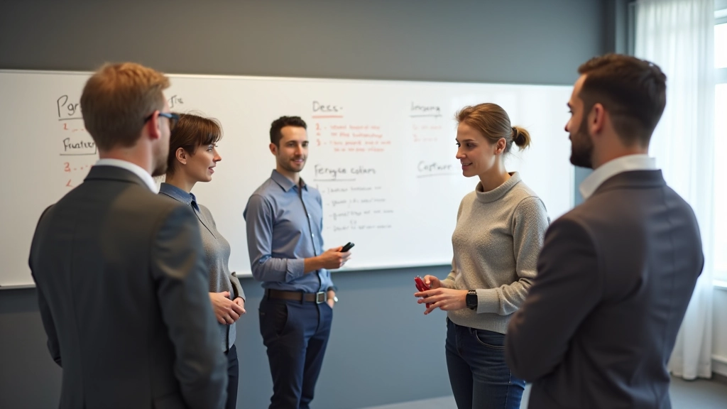 Diverse groep professionals in gesprek in modern kantoor met whiteboard
