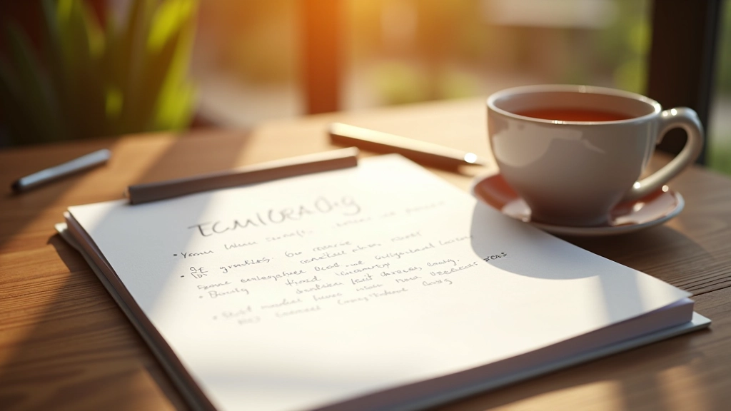 Notitieblok met handgeschreven notities, pen en kopje thee op houten bureau in natuurlijk licht