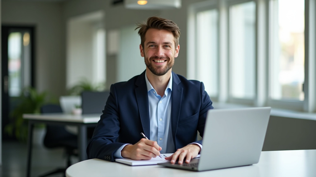 Persoon aan het werk op laptop in modern kantoor, met notitieboek en koffie op het bureau