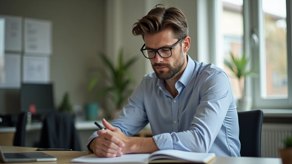Persoon die voorzichtig aan een uitdagende taak begint, concentratie op gezicht, licht kantoor, schoudershot, natuurlijke verlichting