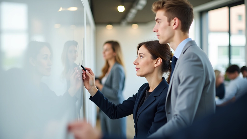 Groep van drie collega's in brainstormsessie, notities makend op whiteboard, collaboratieve werkruimte met veel licht