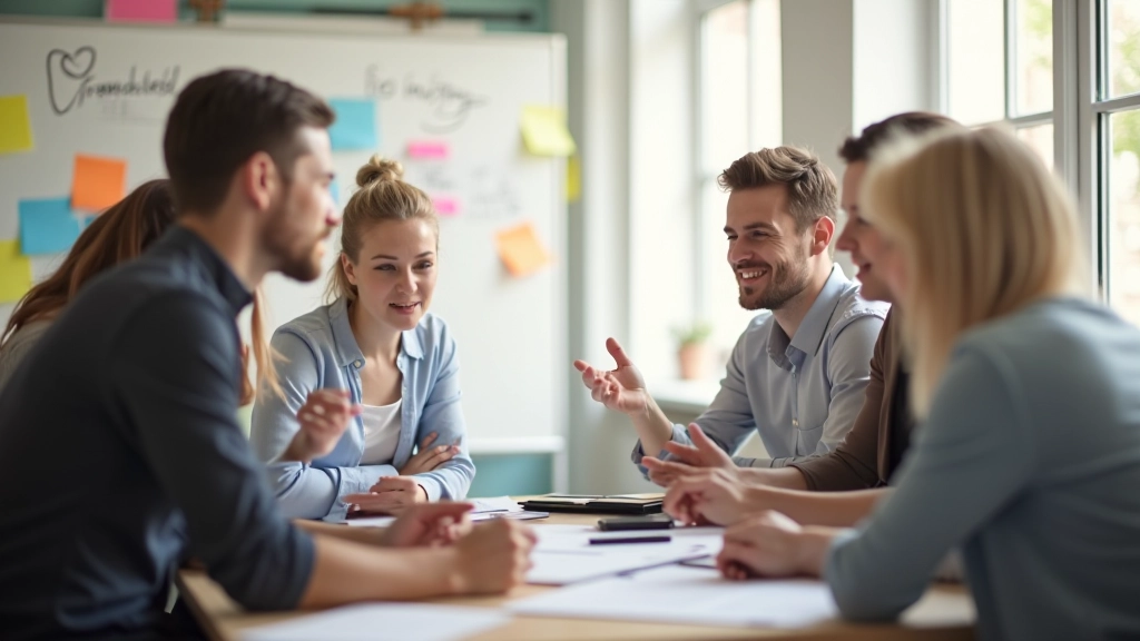 Team brainstormingsessie met notities op whiteboard, creatieve energieuitwisseling, moderne werkruimte, helder licht