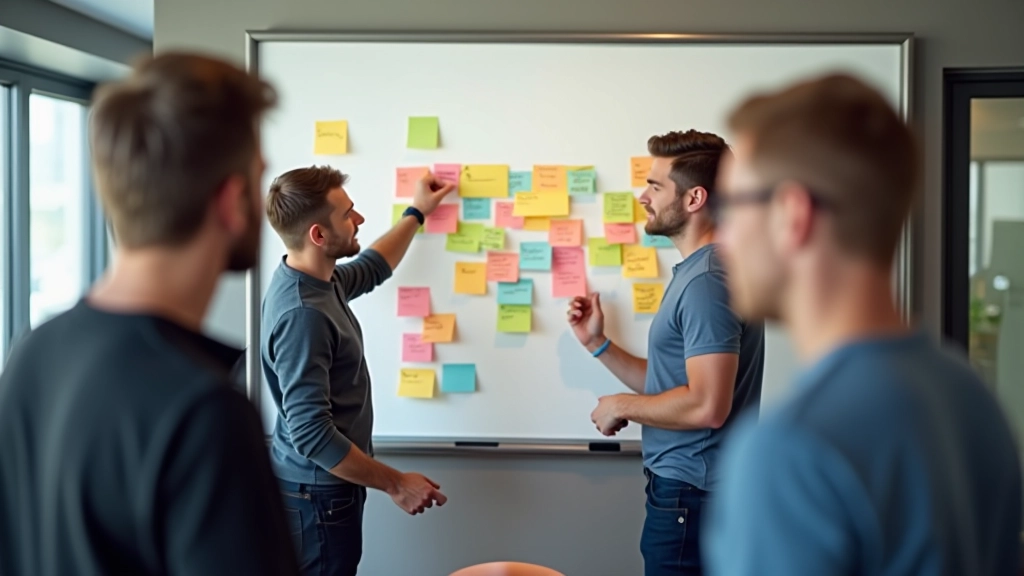 Startup team in brainstorm sessie met kleurrijke sticky notes op whiteboard