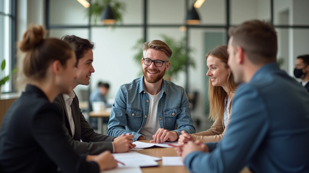 Professioneel teamdebat of brainstorm sessie, diverse groep in modern kantoor, actief discussiërend, helder licht
