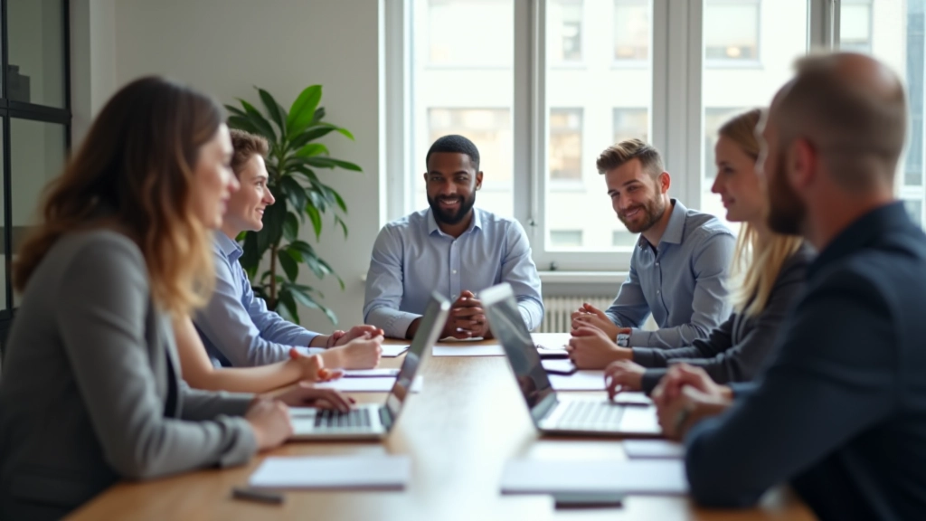 Team van professionals in moderne kantoromgeving, gezeten rond tafel met laptops, samenwerkend en brainstormend, natuurlijk licht van groot raam, vriendelijke sfeer