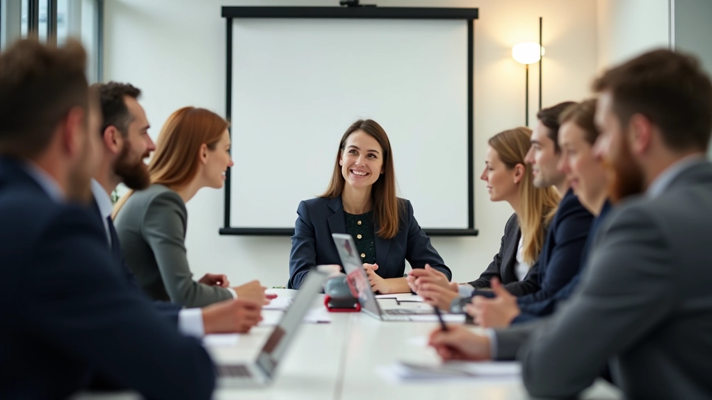 Moderne trainingsomgeving met professionals in samenwerkingsgesprek, inspirerend licht, dynamische werkplek