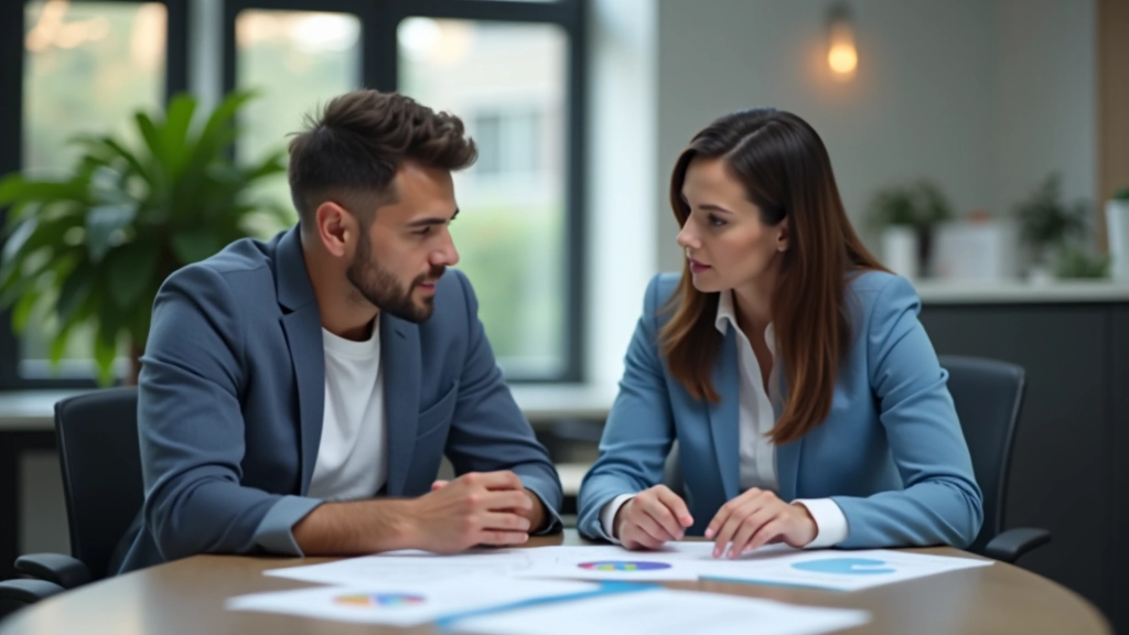 Twee professionals in gesprek aan een tafel met grafieken en documenten, open kantoor omgeving
