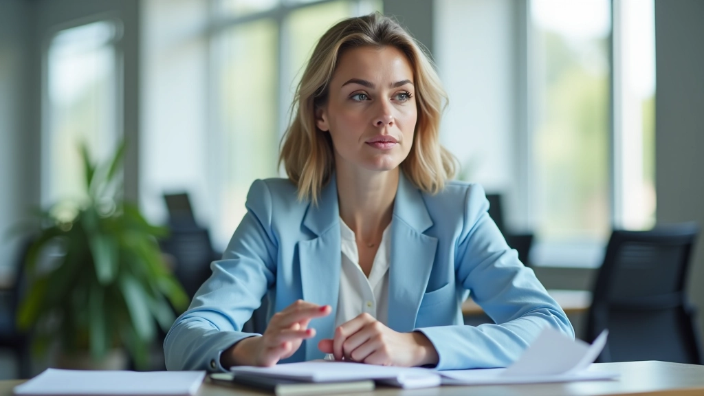 Persoon aan bureau met laptop, luistert aandachtig naar feedback in professioneel kantooromgeving met ramen op achtergrond